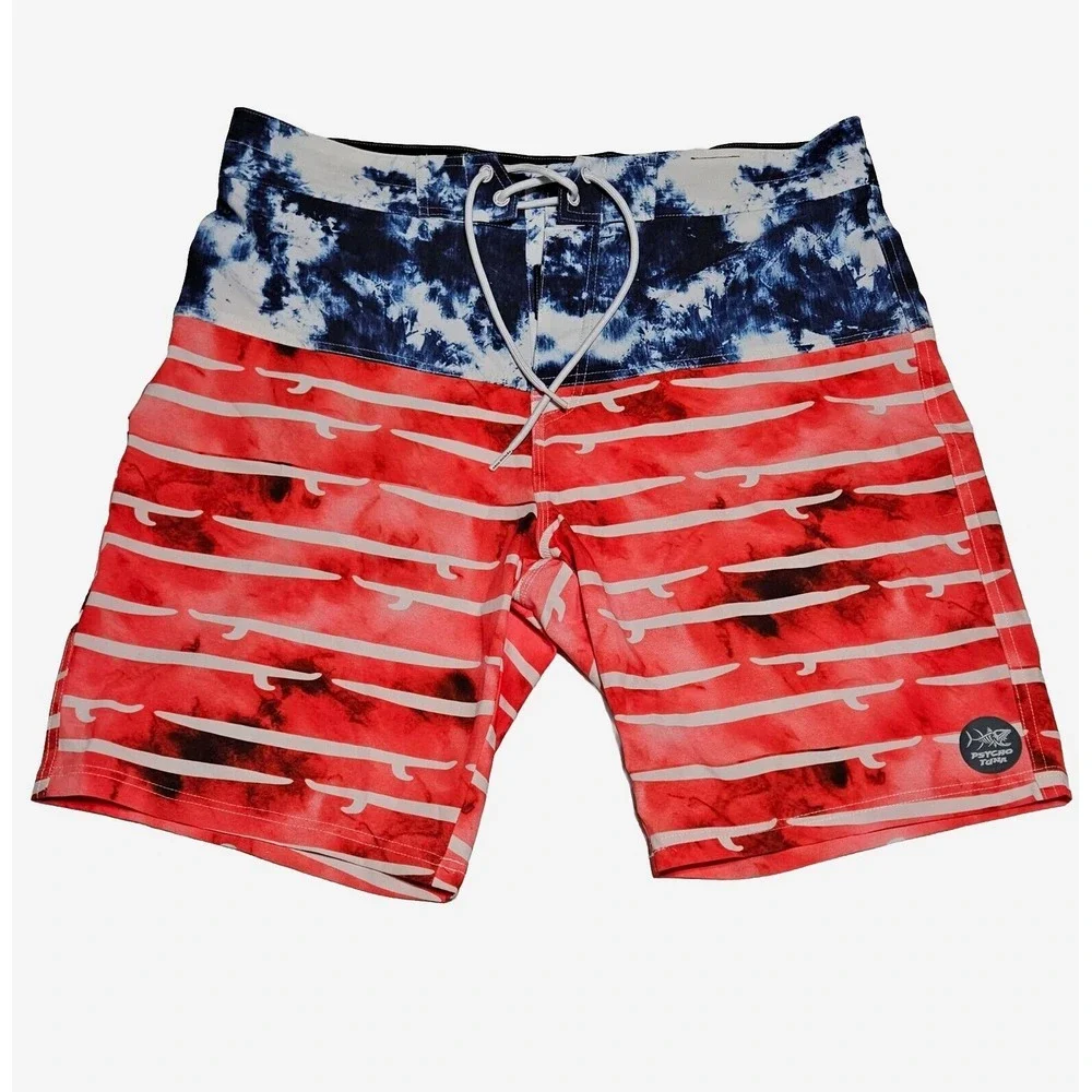 Psycho Tuna Mens Board Shorts Sz 34 Red‎ White Blue USA Surf Board Swim Trunks